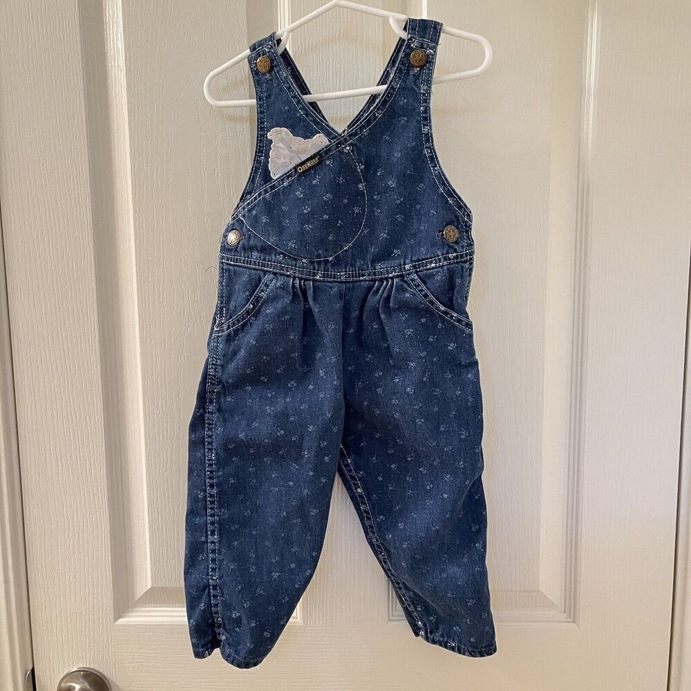 Vintage Oshkosh B'gosh Floral Overalls Handkerchief Pocket Blue Girls Size 2T